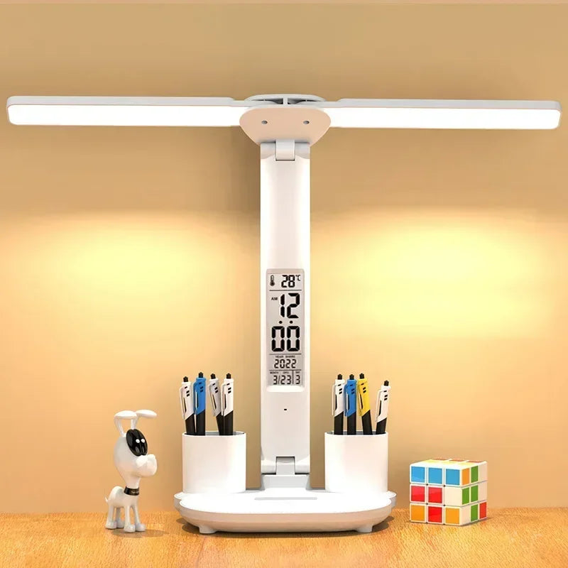 LED Desk Lamp with Clock & Temperature Display – USB Rechargeable Touch Control Reading Light
