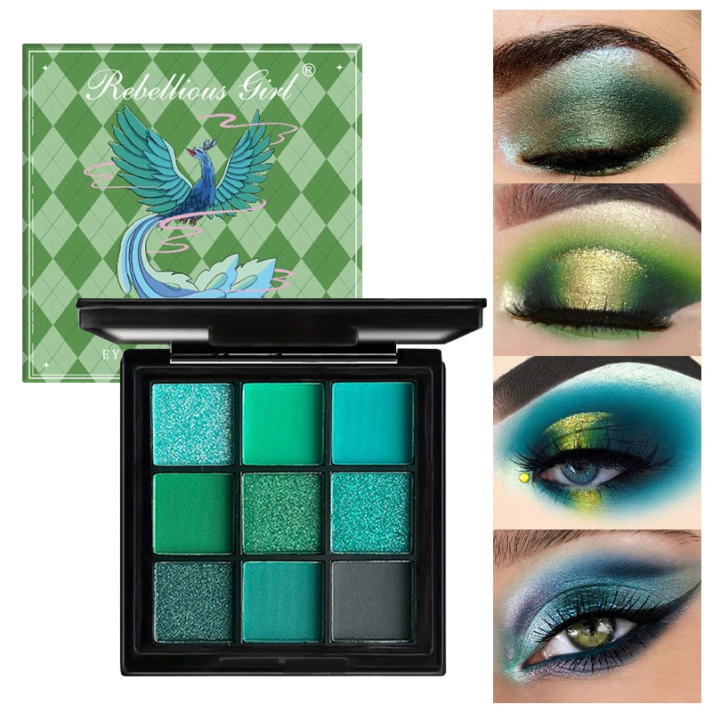 Palette fards à paupières 9 couleurs vertes, pinceau double embout, effets scintillants et naturels, mini palette maquillage yeux