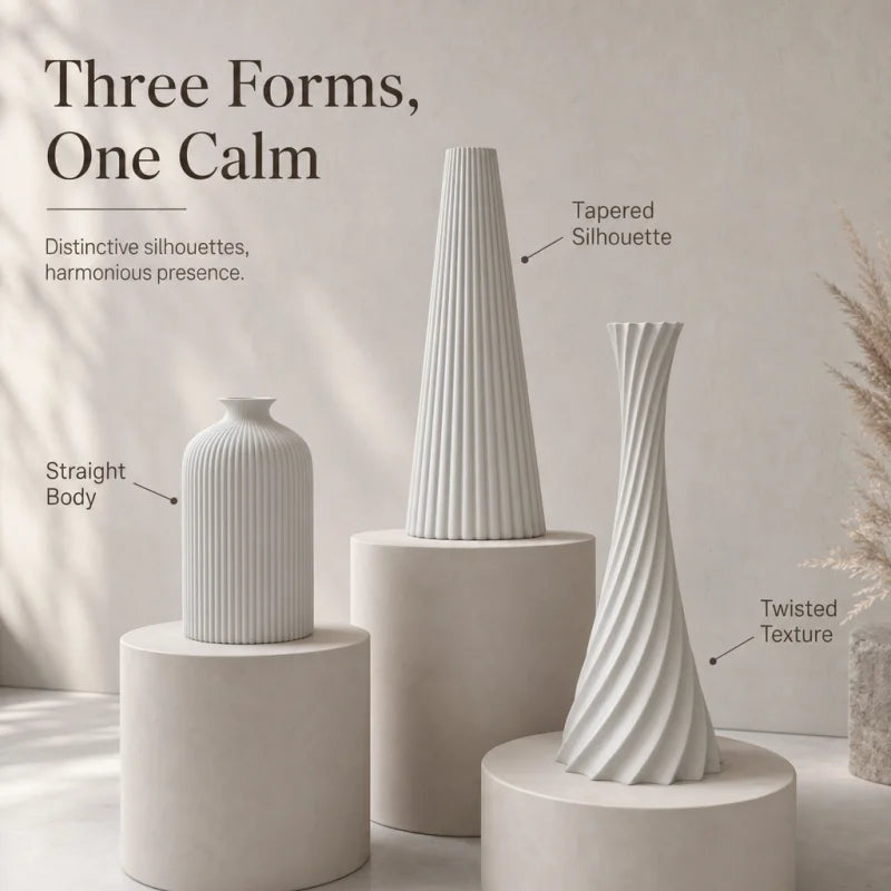 3-Piece Wabi-Sabi Ribbed Vase Set – Matte Off-White Decorative Vases for Home Decor