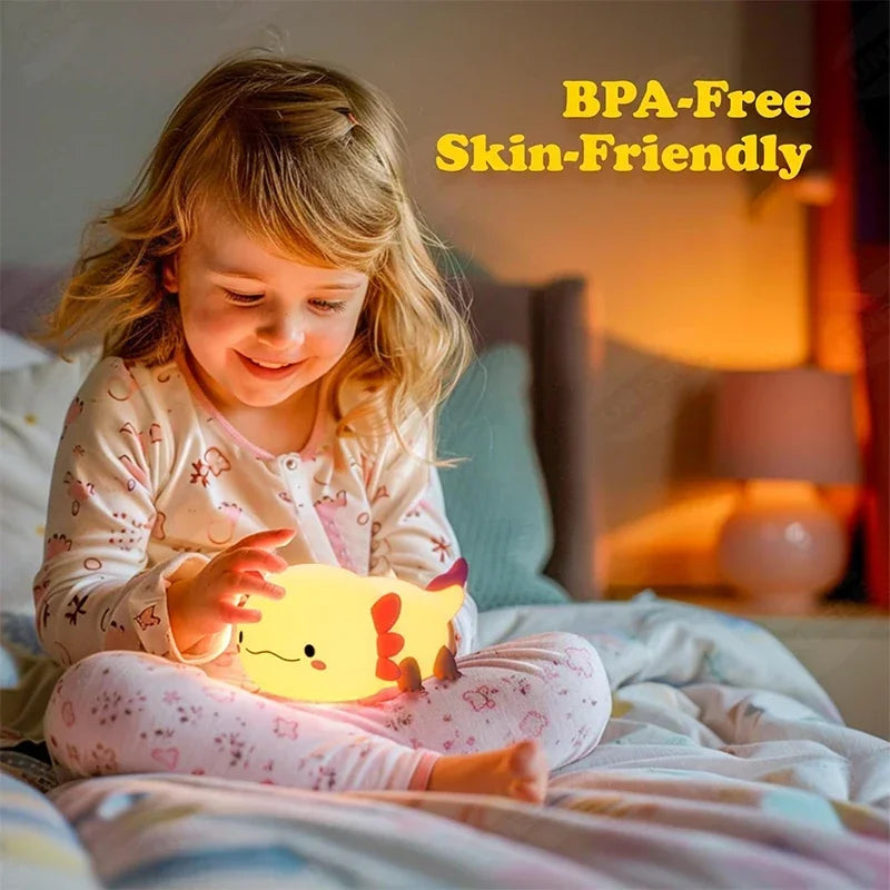 Cute Axolotl Night Light – USB Rechargeable Silicone Lamp for Kids & Nursery