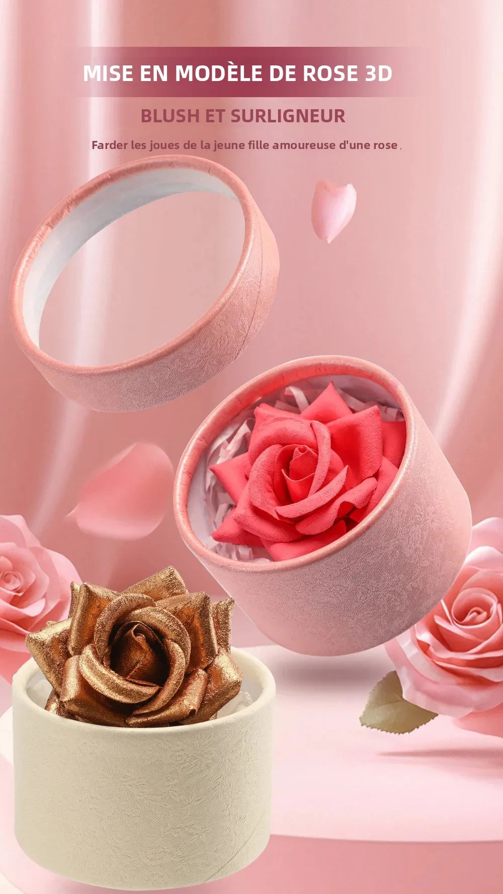 Blush 3D — Rose Tridimensionnel, Haute Brillance, Illumine Naturellement le Teint, Petites Pétales, Maquillage Nude