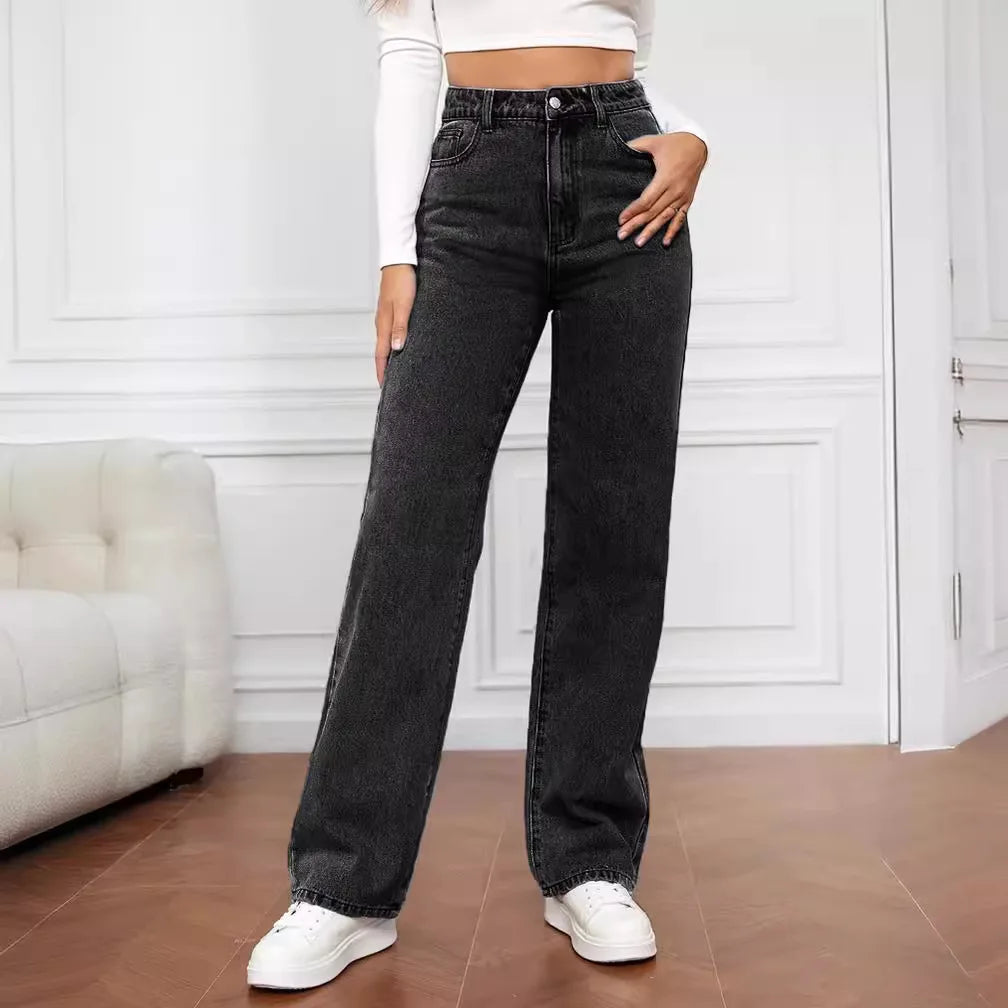 Jean Droit Femme – Taille Mi-Haute – Style Décontracté avec Poches – Coupe Classique