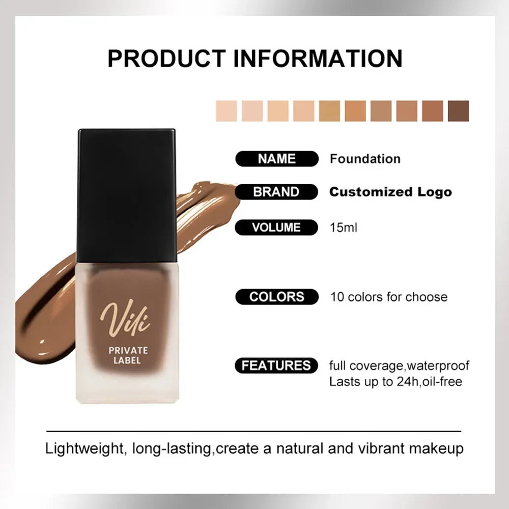 Fond de Teint Liquide Private Label 15 ml – Longue Tenue, Correcteur Léger, Convient Peaux Sèches, Mixtes et Grasses, Maquillage Naturel
