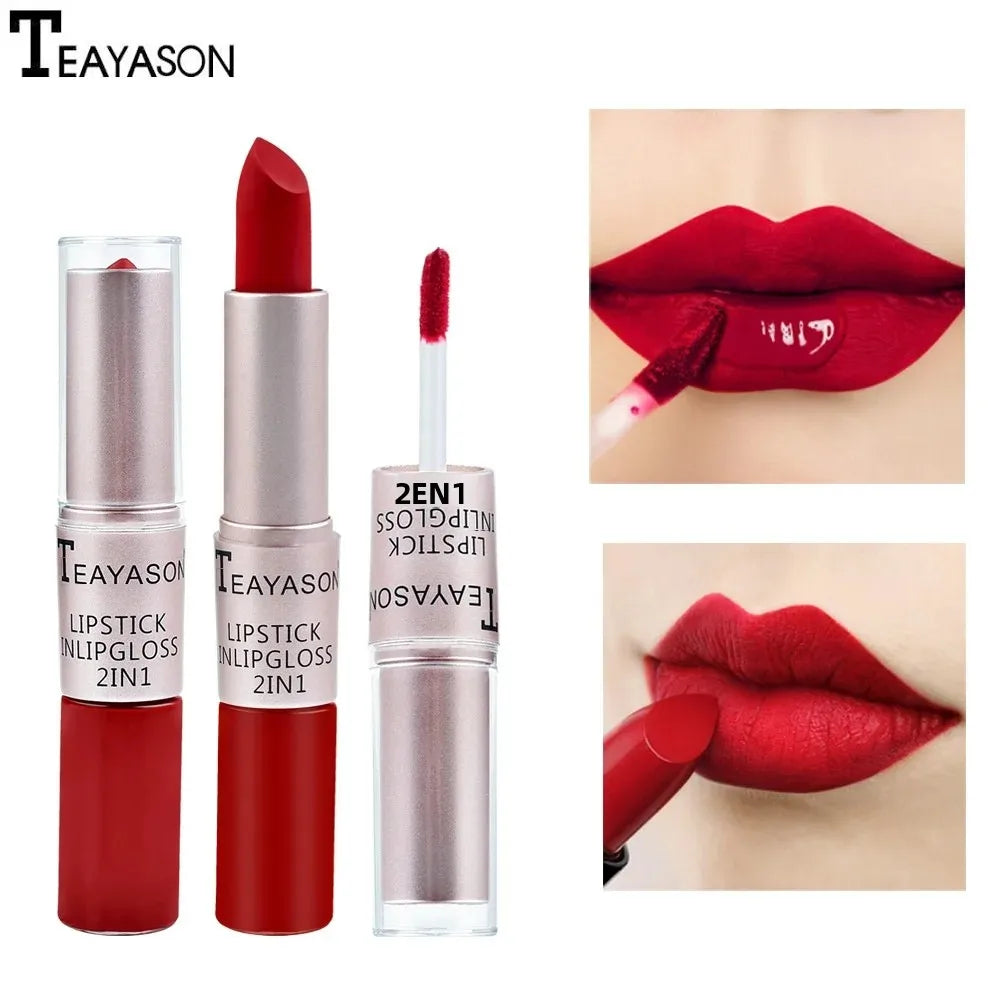 Rouge à lèvres rose mat 1 pièce — Waterproof et longue tenue | Hydratant | Set 2-en-1 avec teinte et gloss | Maquillage sexy pour lèvres féminines