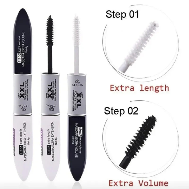 Mascara 2 en 1 4D fibres de soie noir waterproof volume et recourbant double allongeant cils yeux
