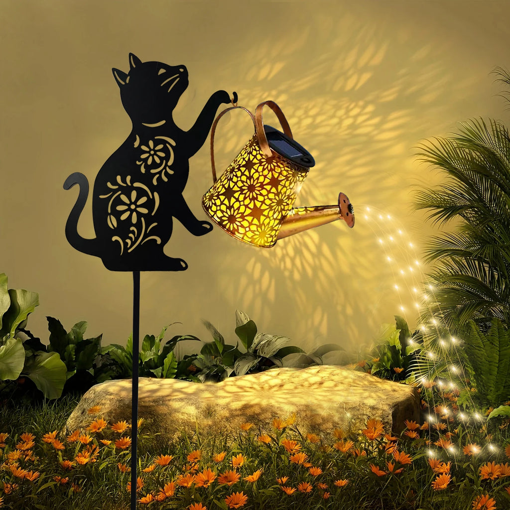 Solar Watering Can Garden Light – Cat/Dog Silhouette Hanging Outdoor Décor