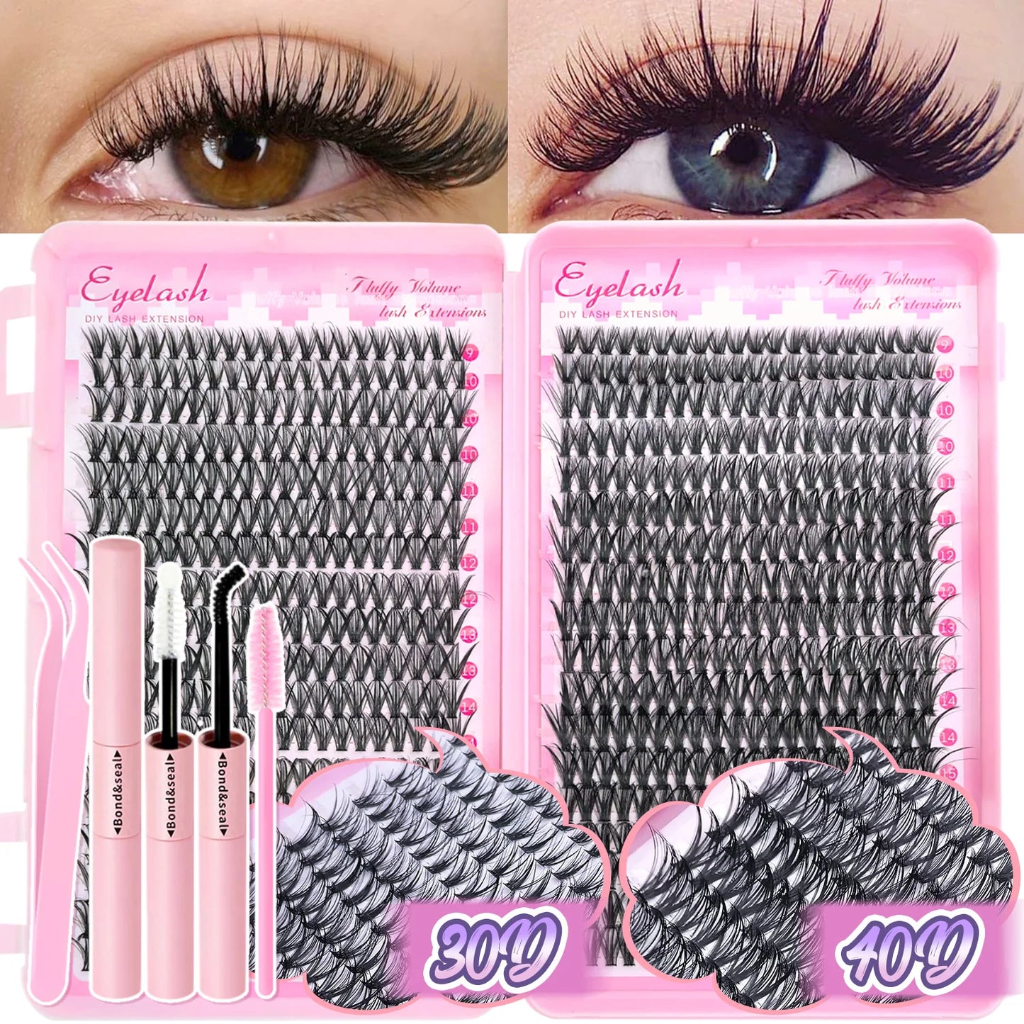 Kit Extension de Cils DIY 720 pcs Clusters Cils Individuels Avec Colle et Scellant Naturels Wispy