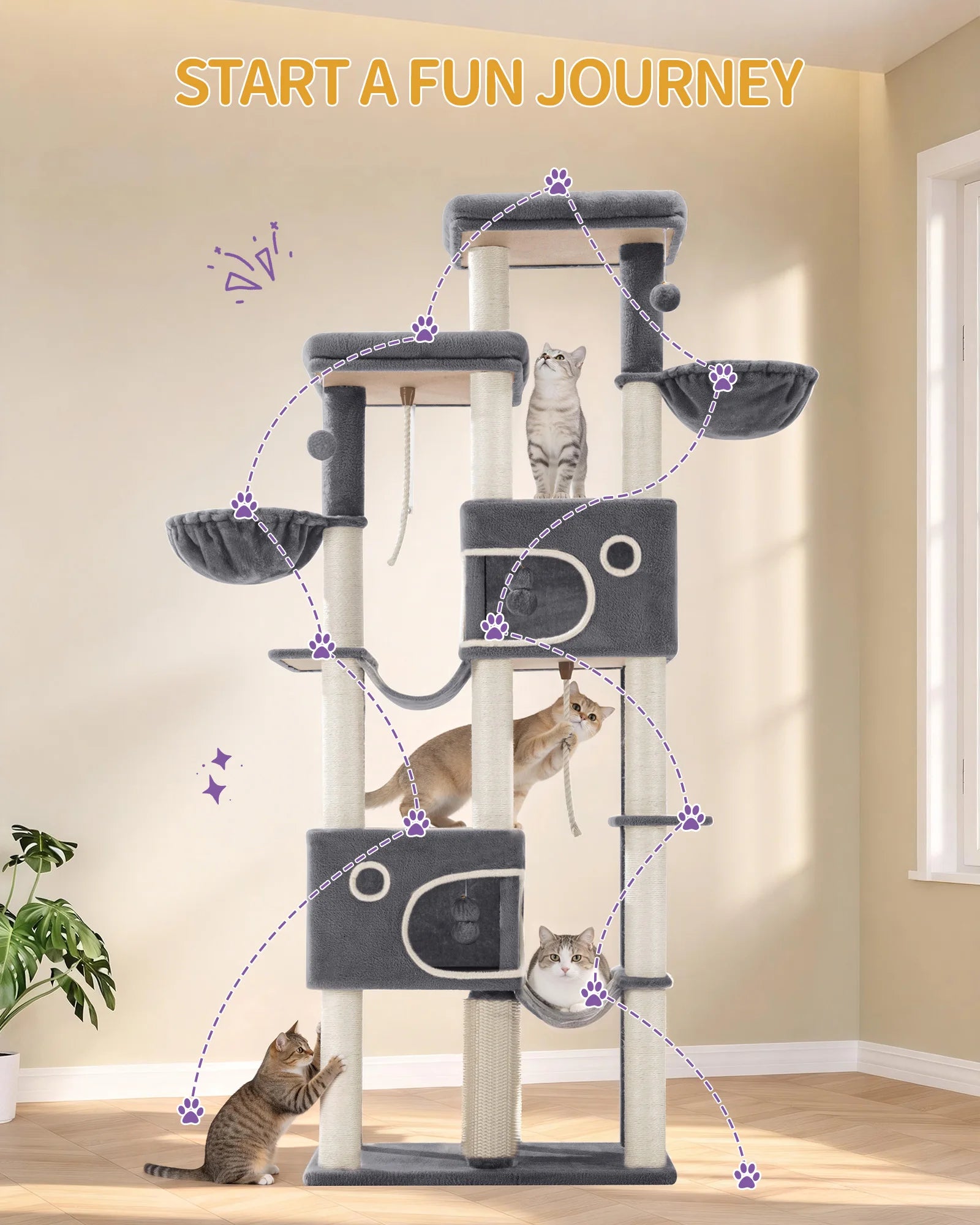 213 cm Extra-Large Cat Tree – Multi-Level Cat Tower with Caves & Platforms