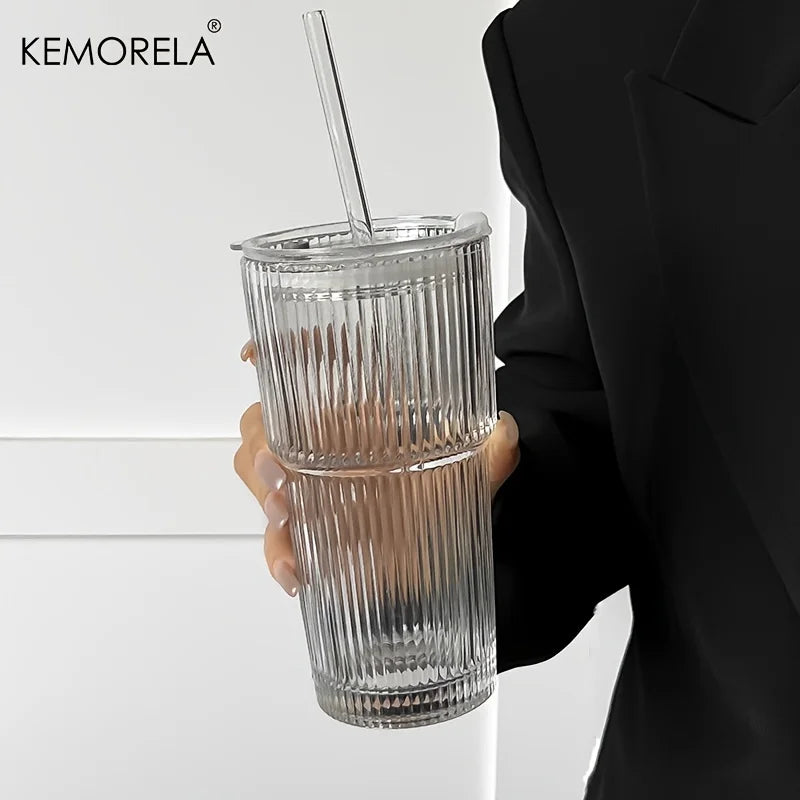 600ml Ribbed Glass Coffee Cup with Lid & Straw – Transparent Tumbler for Iced Coffee, Juice & Cold Drinks