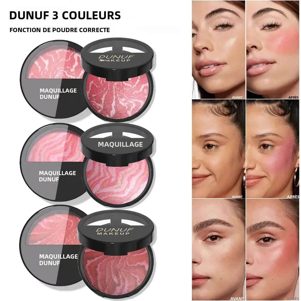 Palette de Fard à Joues 3 Tons — Poudre Cuite Imperméable, Légère et Longue Tenue, Texture Lisse et Aérienne pour un Teint Unifié et Lumineux