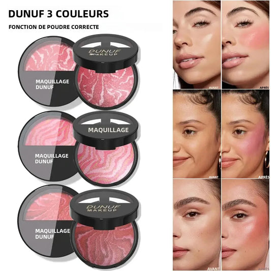 Palette de Fard à Joues 3 Tons — Poudre Cuite Imperméable, Légère et Longue Tenue, Texture Lisse et Aérienne pour un Teint Unifié et Lumineux