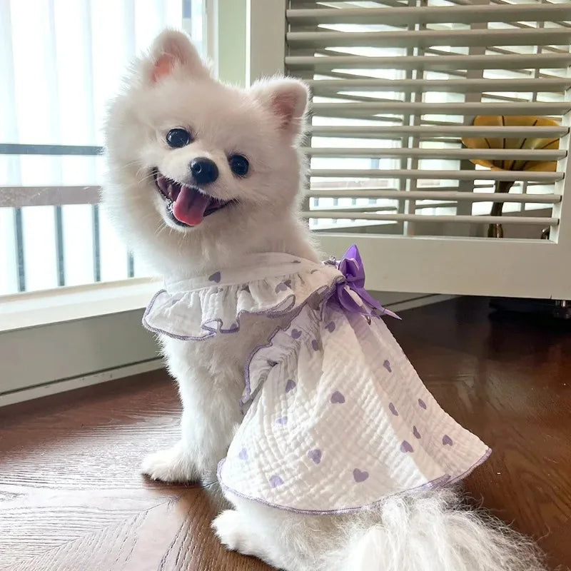 Heart Print Dog Dress with Bow – Cute Summer Princess Outfit for Small Dogs & Cats