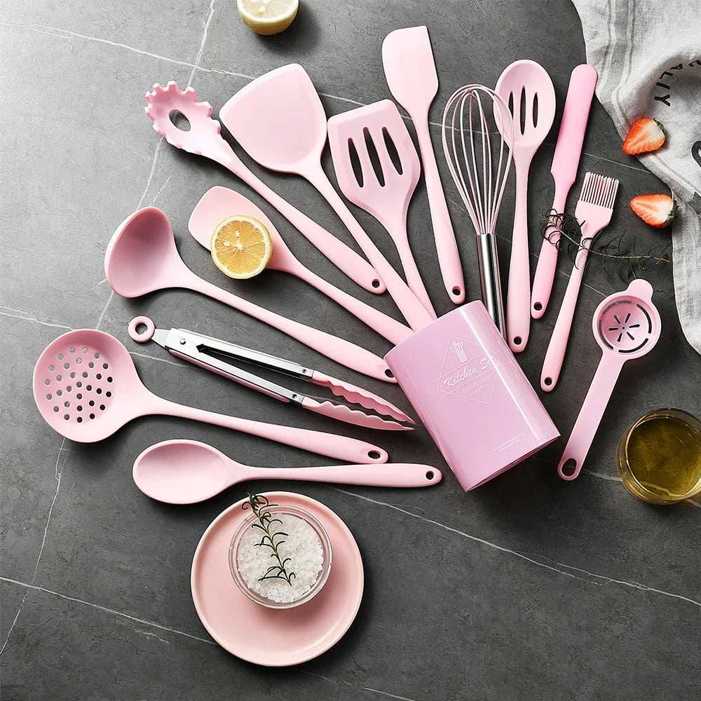 15-Piece Khaki Silicone Kitchen Utensil Set – Food-Grade Cooking Tools with Spatulas, Turner & Soup Spoon