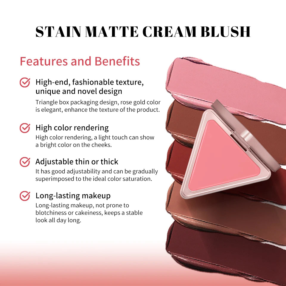 Blush crème triangulaire – Crème matte non grasse, facile à appliquer – Haute saturation de couleur, fini naturel rosé