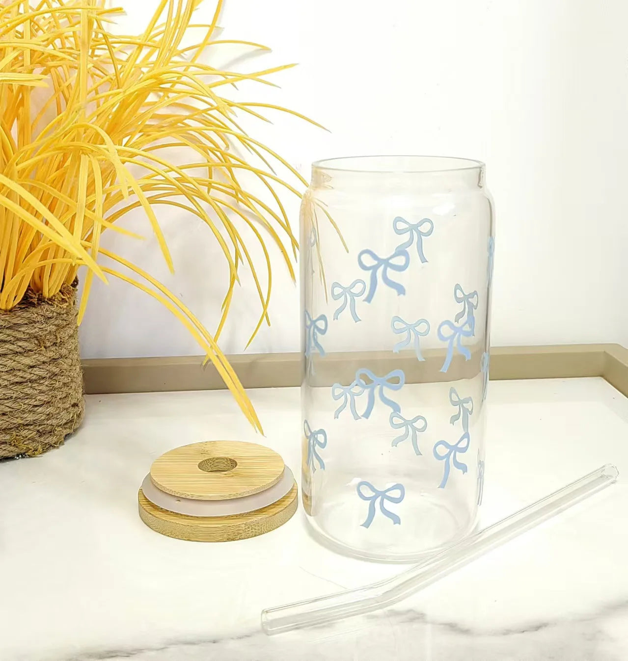 500ml Cute Bow Glass Tumbler with Lid & Straw – Mason Jar Style Cup for Iced Coffee, Juice & Smoothies