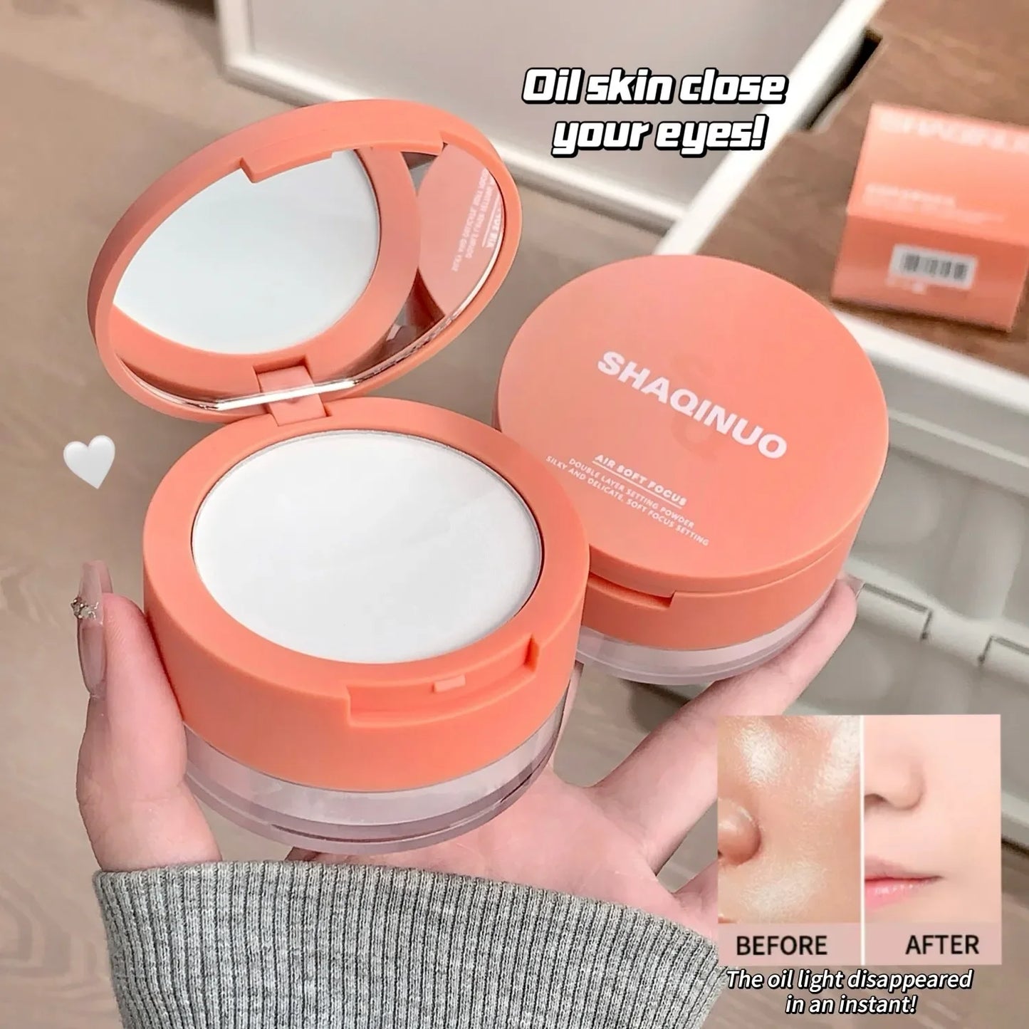 Poudre compacte à double effet – Légère et transparente, retouches, anti-cernes, contouring, anti-gonflement, blush, illuminateur, haute couvrance