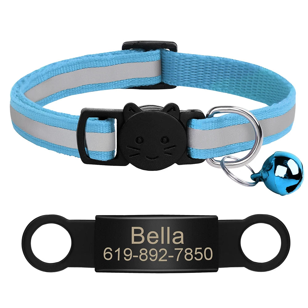 Personalized Reflective Cat Collar with Engraved ID Tag & Bell