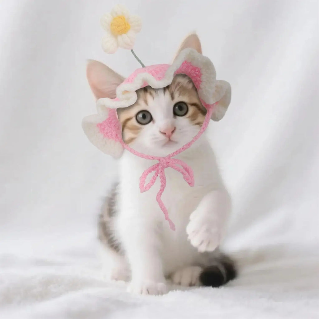 Cute Flower Crochet Pet Hat – Knitted Cap for Cats & Small Dogs