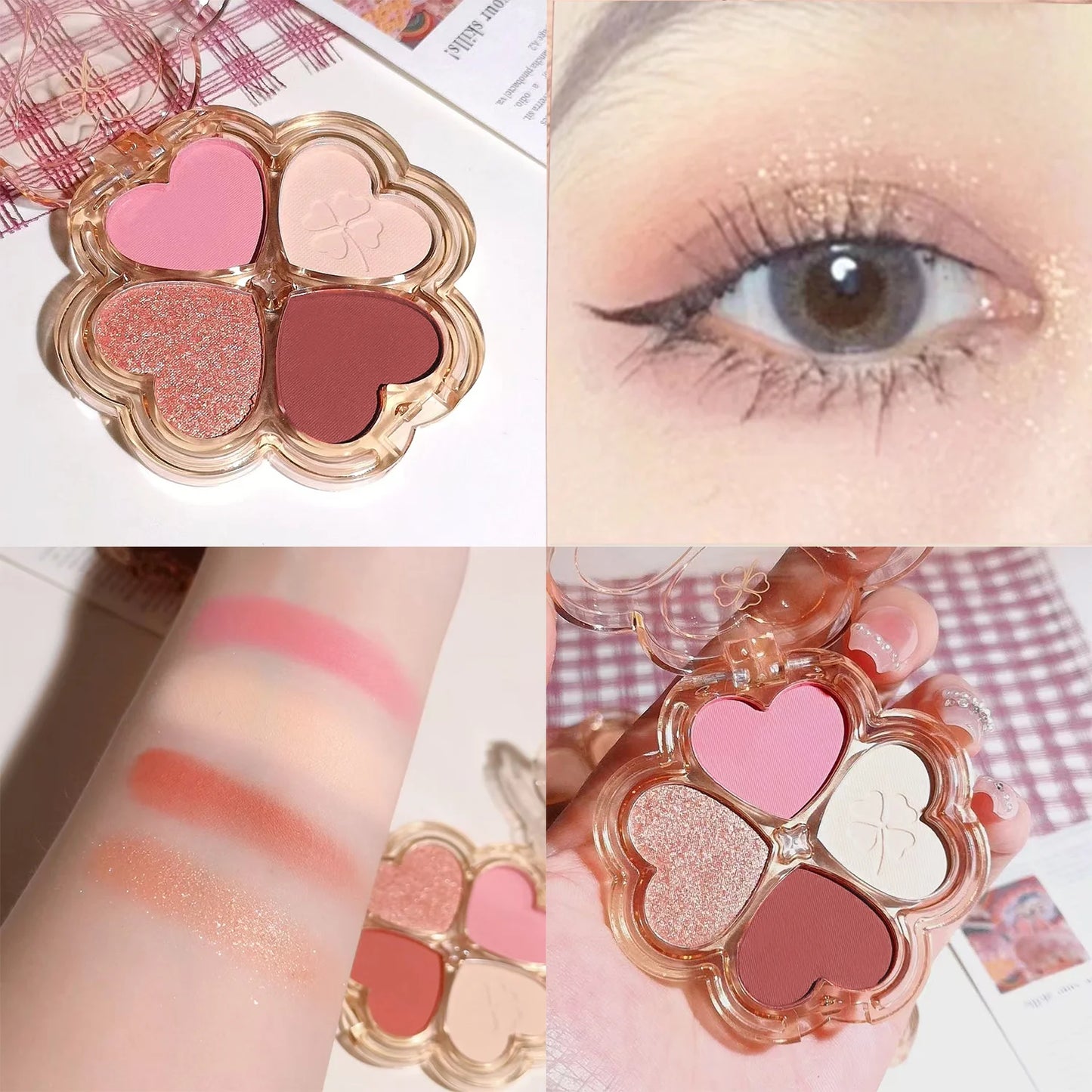 Palette fards à paupières, 4 couleurs terreuses, paillettes fines, nacré et mat, maquillage quotidien