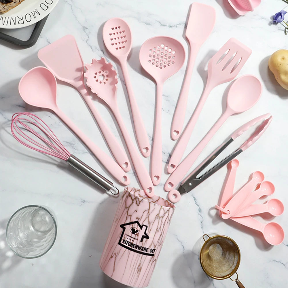 18-Piece Pink Silicone Kitchen Utensil Set – Food-Grade Cooking Tools with Spatulas, Turners & Measuring Spoons