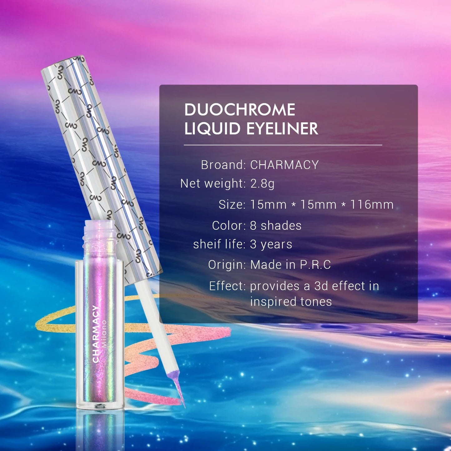 Eyeliner Liquide Duochrome Pailleté — waterproof, longue tenue, pointe ultra-fine, anti-bavures, maquillage des yeux