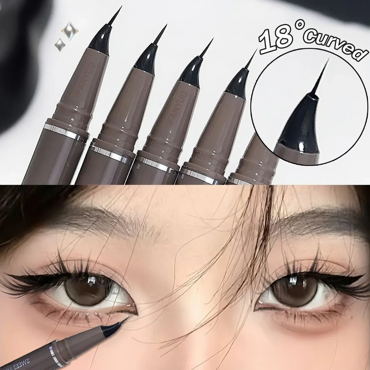 Eyeliner Liquide Courbé — séchage rapide, ultra-fin, facile à tracer, crayon noir et brun pour cils inférieurs, effet “lying silkworm”, maquillage des yeux
