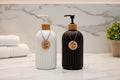 Striped Soap Dispenser with Bamboo Pump – Refillable Kitchen & Bathroom Bottle