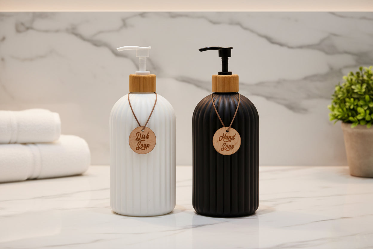 Striped Soap Dispenser with Bamboo Pump – Refillable Kitchen & Bathroom Bottle