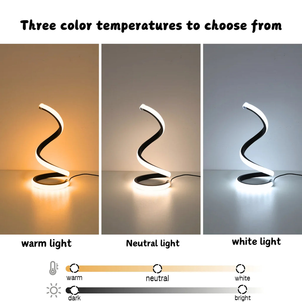 Modern Spiral LED Desk Lamp – 3 Color Dimmable USB Table Light for Bedroom & Office