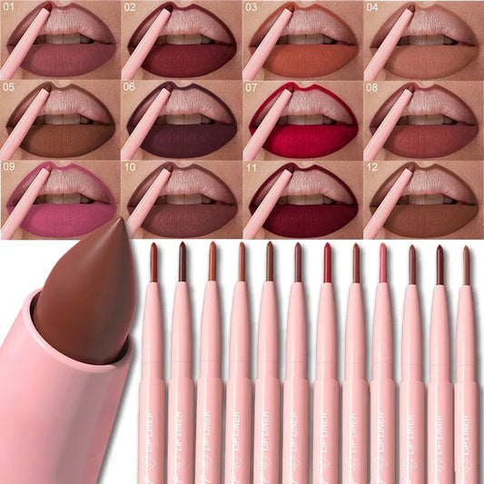 Set 12 Couleurs Crayons à Lèvres Waterproof – Teintes Rouge Foncé et Marron, Contour des Lèvres, Nude Mat, Maquillage des Lèvres