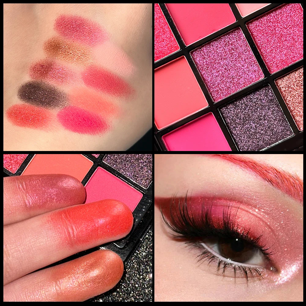 **« Palette fards à paupières 9 cases – Rouge et violet, pailleté, nacré et mat, longue tenue »**
