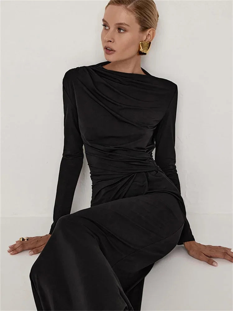 Robe Maxi Plissée Slim pour Femme – Élégance Automnale