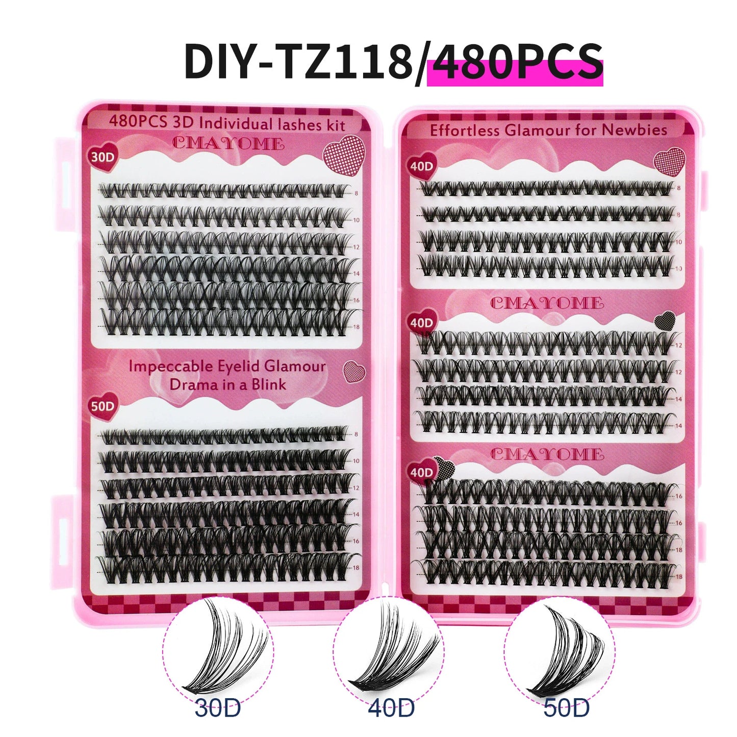 600 pcs Extensions de cils individuels – Grappes épaisses et volumineuses, 30D/100D, longueurs mixtes, DIY – Cils faciles à appliquer et à retirer