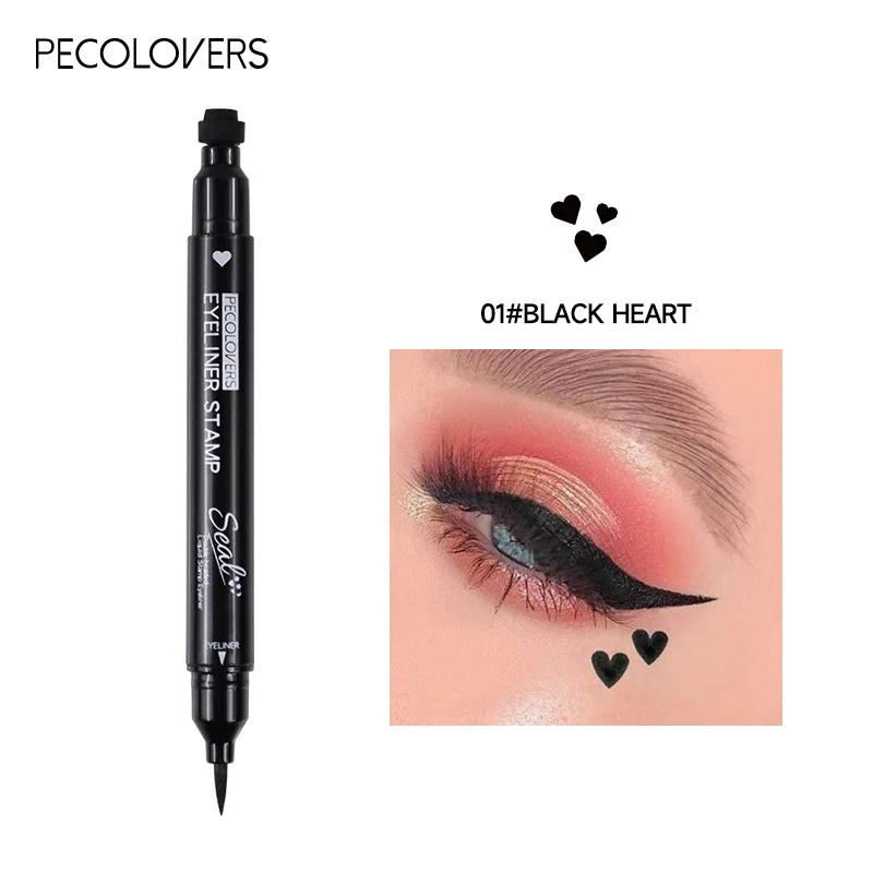 1 Pc Stylo Eyeliner Noir – Étanche, Anti-Bavure, Longue Tenue, Double Embout, Tampons Lune, Étoile, Cœur et Fleur, Eyeliner Liquide