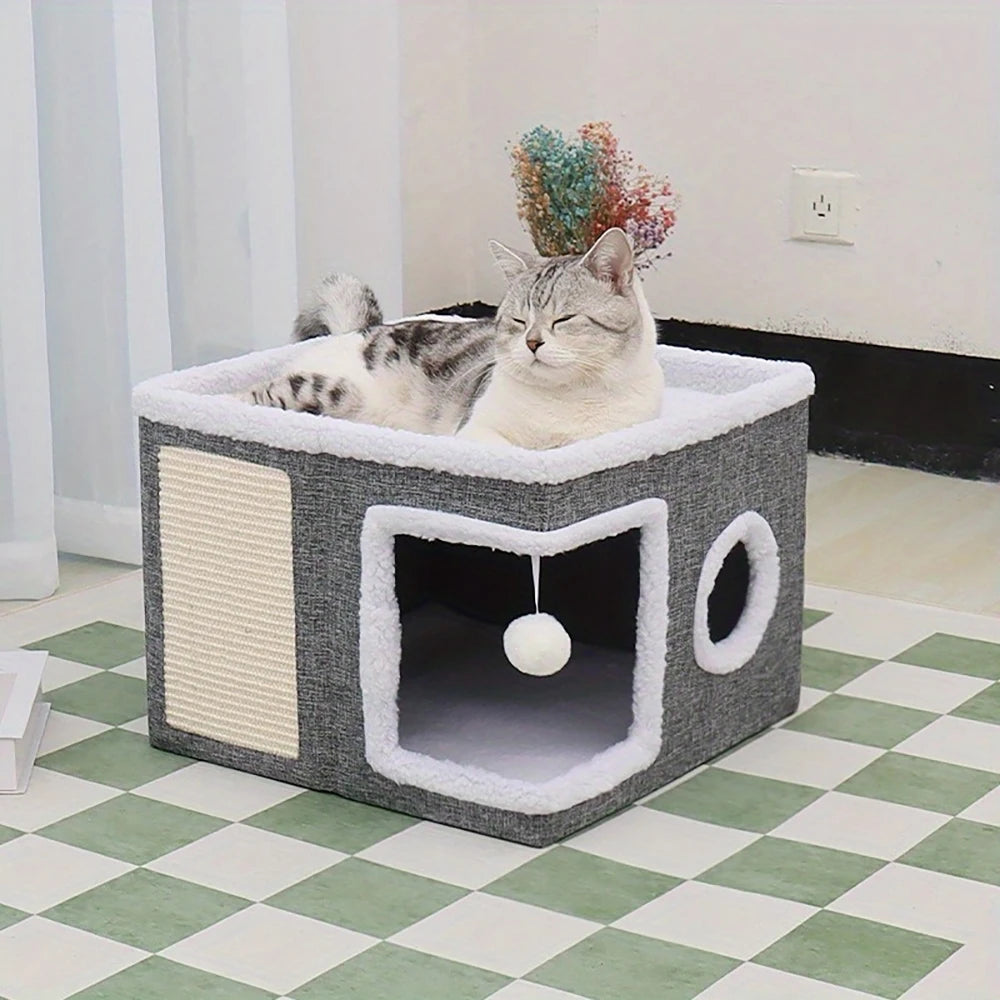 4-Season Multi-Level Cat House – Foldable Cat Cave Bed with Scratching Board