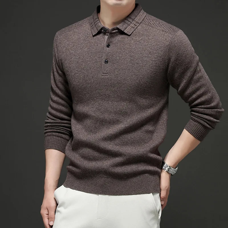 Chemise de base tricotée en pure laine épaisse à manches longues pour hommes Polo d'affaires décontracté Pull à col rayé pour personnes d'âge moyen...
