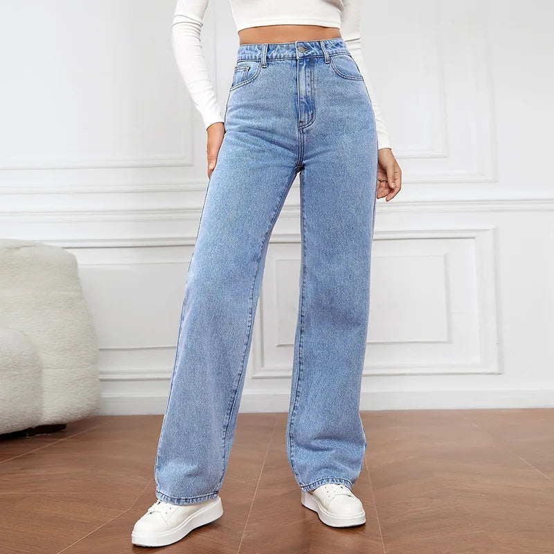 Jean Droit Femme – Taille Mi-Haute – Style Décontracté avec Poches – Coupe Classique