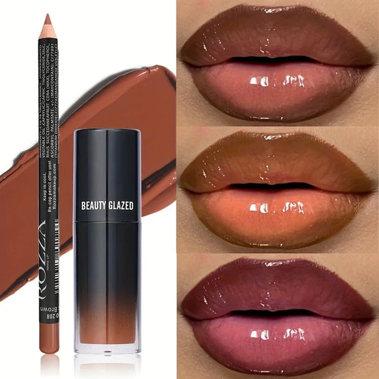 Set 2 Pièces – Crayon à Lèvres Lisse + Huile à Lèvres, Combo Waterproof, Longue Tenue, Hydratant, Effet Repulpant, Maquillage des Lèvres