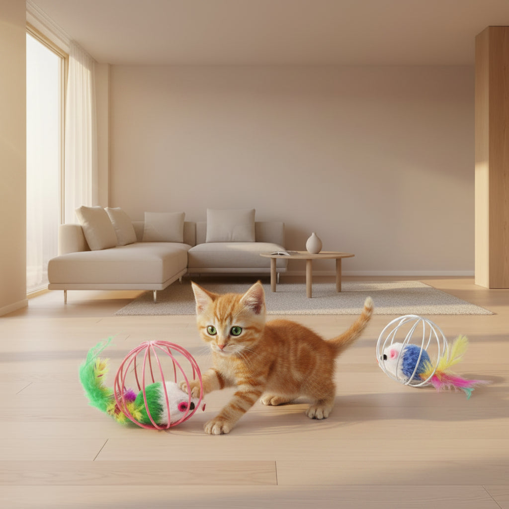 Interactive Colorful Mouse Cat Toy in Cage – Fun Chase & Play Toy for Cats