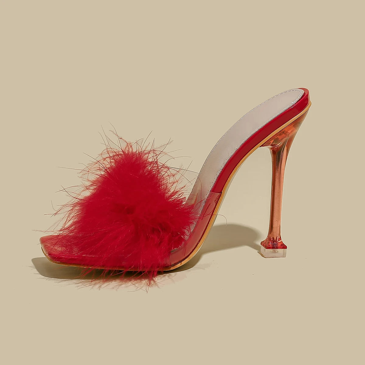 « Sandales Femme – Talon Transparent, Fourrure Blanche & PVC »