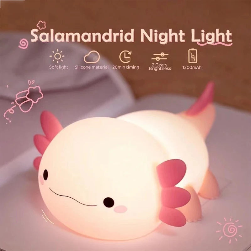 Cute Axolotl Night Light – USB Rechargeable Silicone Lamp for Kids & Nursery