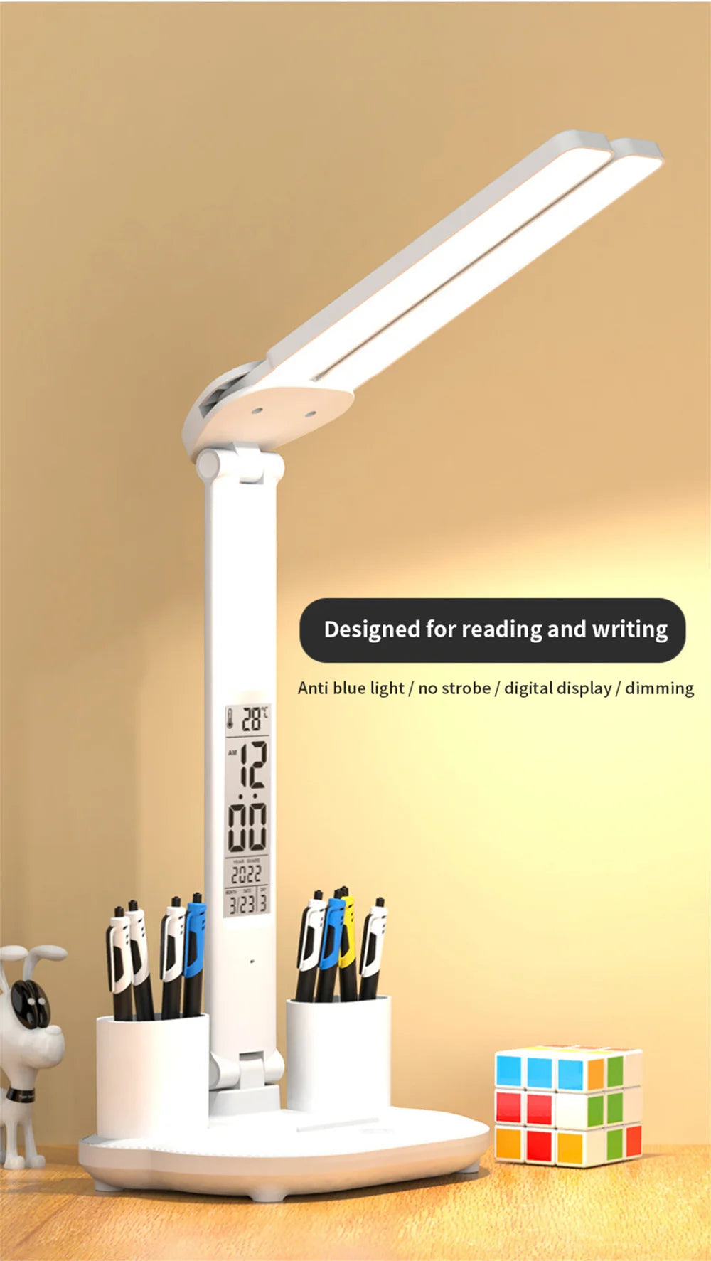 LED Desk Lamp with Clock & Temperature Display – USB Rechargeable Touch Control Reading Light