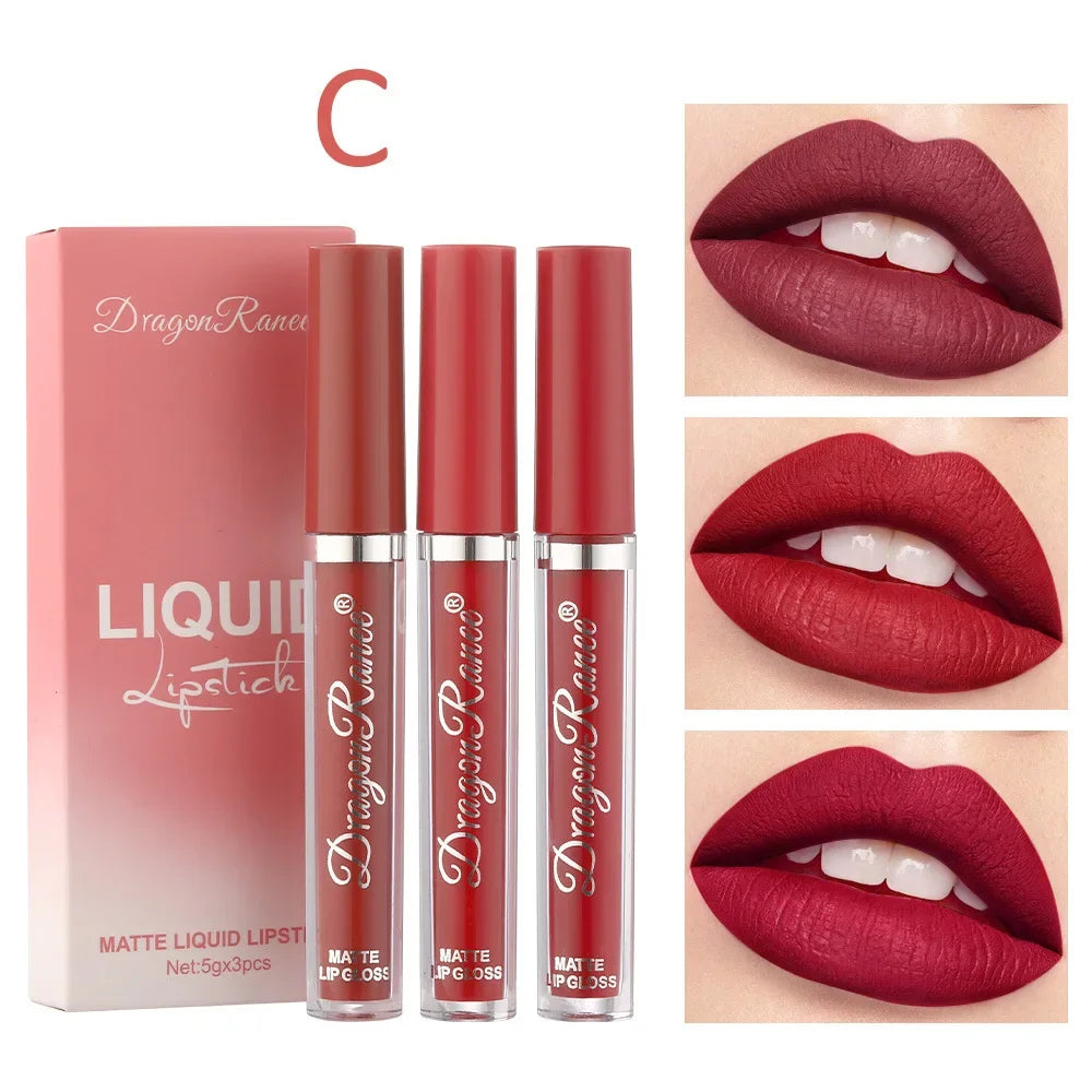 Coffret de 3 rouges à lèvres liquides – Maquillage longue tenue pour femmes | Cosmétiques coréens | Finition mate et imperméable | Couleur durable