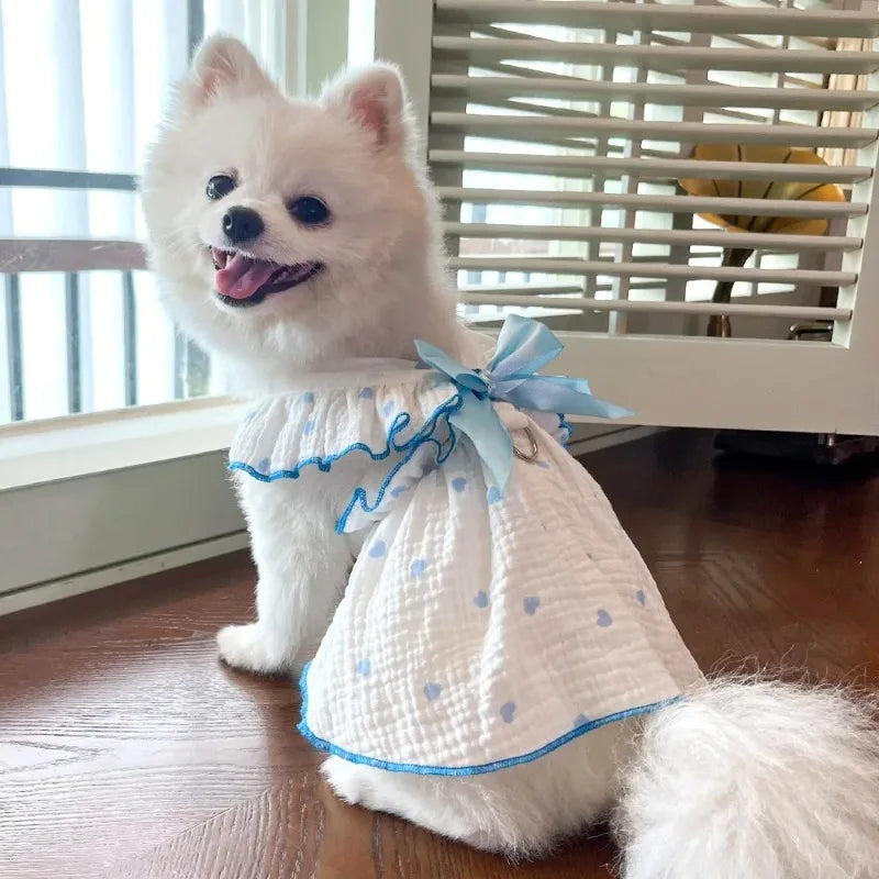 Heart Print Dog Dress with Bow – Cute Summer Princess Outfit for Small Dogs & Cats