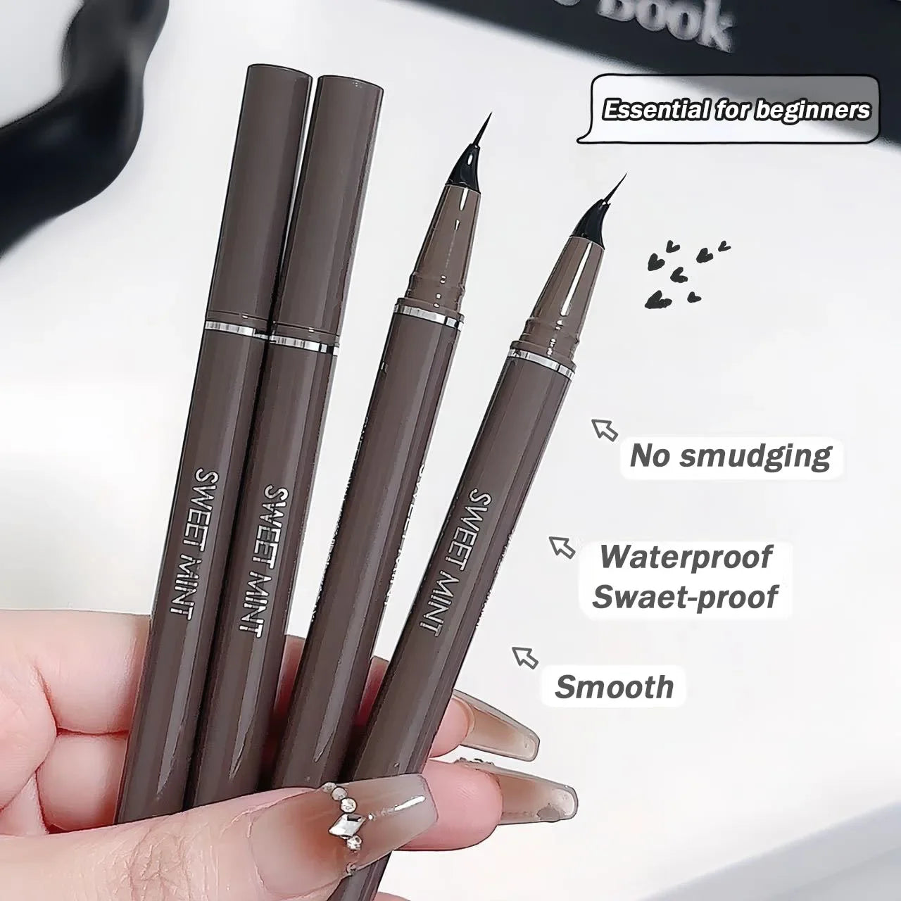 Eyeliner Liquide Courbé — séchage rapide, ultra-fin, facile à tracer, crayon noir et brun pour cils inférieurs, effet “lying silkworm”, maquillage des yeux