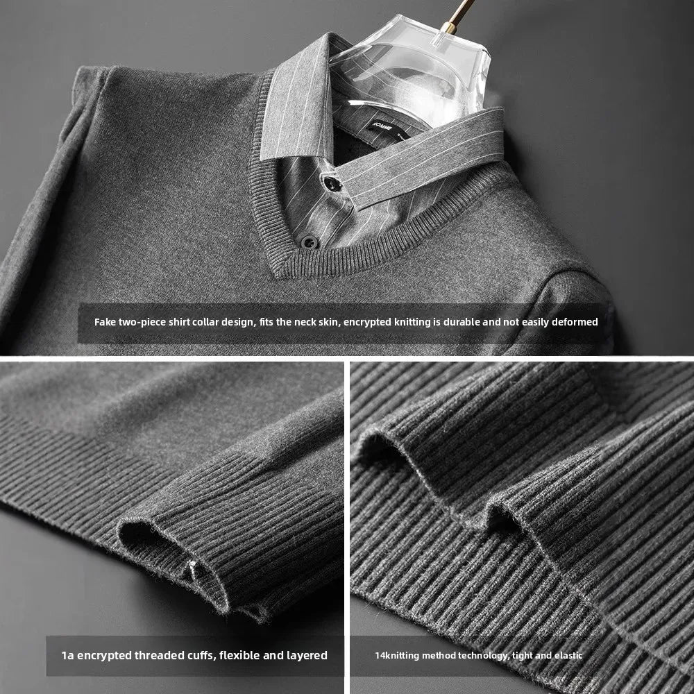 Pull tricoté élégant et ajusté pour hommes, faux deux pièces, col de chemise à la mode, automne hiver, modèle masculin aérien