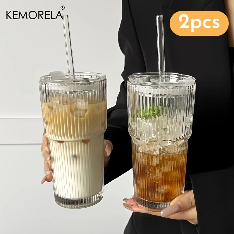 600ml Ribbed Glass Coffee Cup with Lid & Straw – Transparent Tumbler for Iced Coffee, Juice & Cold Drinks