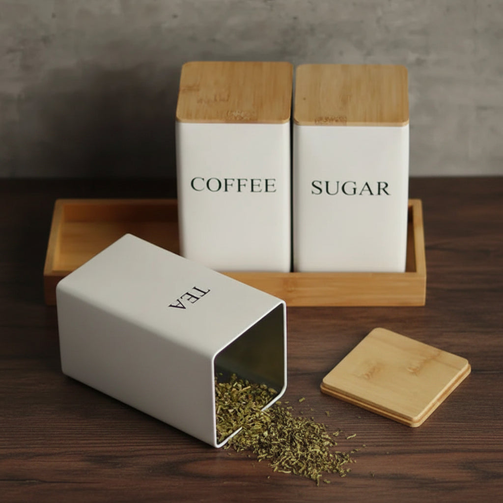 Metal Coffee Bean Storage Jar with Bamboo Lid – Tea, Coffee & Sugar Container