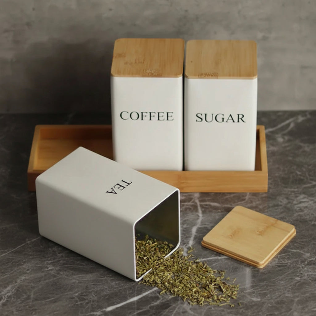 Coffee Bean Storage Jar with Bamboo Lid – Metal Tea & Sugar Container