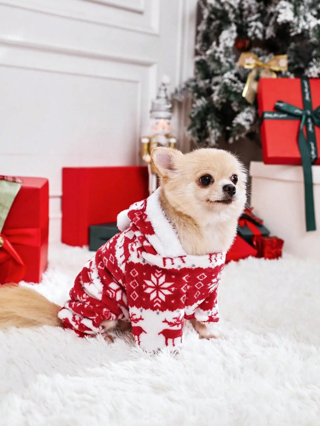 Christmas Reindeer Pet Pajamas – Hooded Jumpsuit for Small Dogs